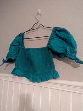 Zara Teal Puff-Sleeve Eyelet Crop Top